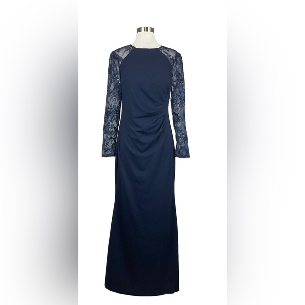 Eliza J Women's Formal Dress Size 8 Blue Sequined Lace Long Sleeve Evening Gown